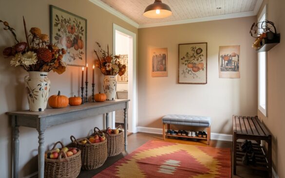 A photo of a charming farmhouse with a cottagecore style hallway. The hallway is beautifully decorated for the fall season. A console table holds 2-3 small pumpkins, vintage candles, and dried flower arrangements in painted flower vases. The walls display 2–3 fall-themed vintage prints, while 2–3 woven baskets filled with apples rest neatly on the floor beside a cozy bench and a wooden shoe rack. The ceiling is wallpapered, and there is a warm pendant light above. The floor has a rug in autumn hues of rust, mustard, and cream. The lighting is soft and natural, enhancing the textures and cozy atmosphere, creating a welcoming, nostalgic, and detailed fall-inspired entryway.