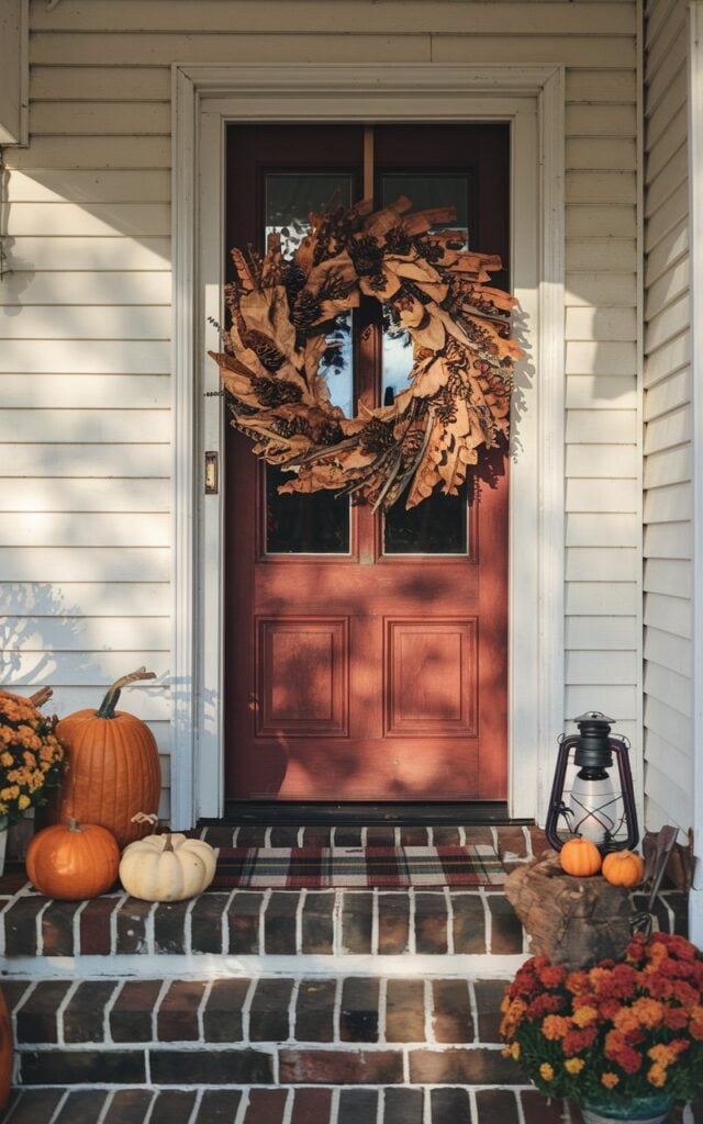 A photo of the front porch of a classic Americana-style house decorated for fall. A large rustic wreath made of dried leaves, small pinecones, and twine hangs on a red wooden front door. Warm sunlight casts gentle shadows across the white siding and brick steps. Cozy autumn accents like a plaid doormat, 1-2 pumpkins on the steps, and a vintage lantern nearby. The scene evokes a welcoming, nostalgic, and cozy fall atmosphere.