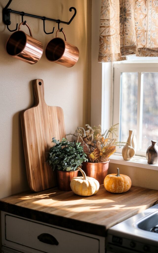 A photo of a farmhouse kitchen with a modern glam style. On the wall, there are a few copper mugs hanging on hooks. On the kitchen counter, there is a wooden cutting board, 2 small pots of dried herbs, and 2 mini pumpkins arranged casually. The room is filled with warm sunlight streaming through a curtained window, highlighting the metallic sheen of the mugs and the textures of the wood and ceramics. The scene feels cozy, lived-in, and nostalgic.
