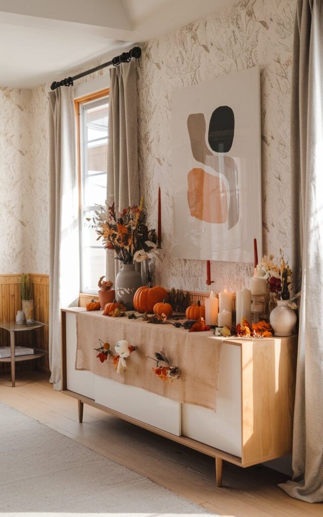 A photo of a Japandi-style living room with a fall-decorated sideboard. The sideboard is covered with a burlap runner and features autumn accents like pumpkins, candles, and dried flowers. The walls have mild floral wallpaper and an abstract fall-themed art piece. The room has clean lines, natural wood tones, and minimalistic decor. The morning sunlight filters through curtained windows.