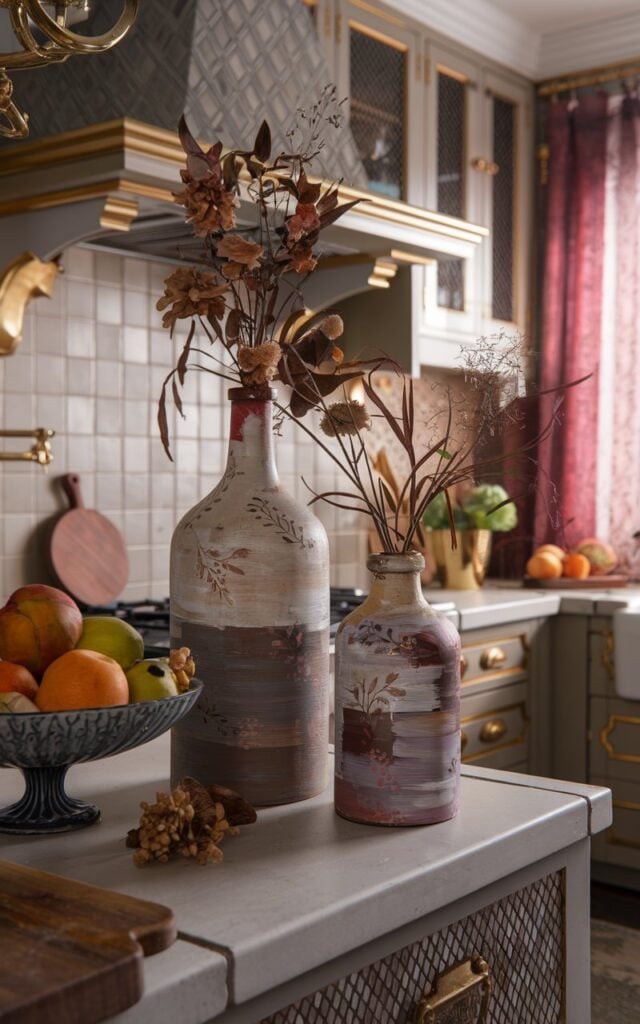 A photo of a fully furnished kitchen with a cottagecore and glam style. There are two old glass bottles, a tall and a short one, painted in muted fall colors with subtle patterns. The bottles are filled with dried flowers and twigs. They are placed on a kitchen counter alongside a fruit bowl and a small cutting board. The kitchen has gold accents, tiles, and a unique patterned backsplash. The scene is illuminated by soft natural light, highlighting the textures of the painted bottles and dried botanicals. The atmosphere is cozy, nostalgic, and richly detailed, with a realistic depth and warmth.