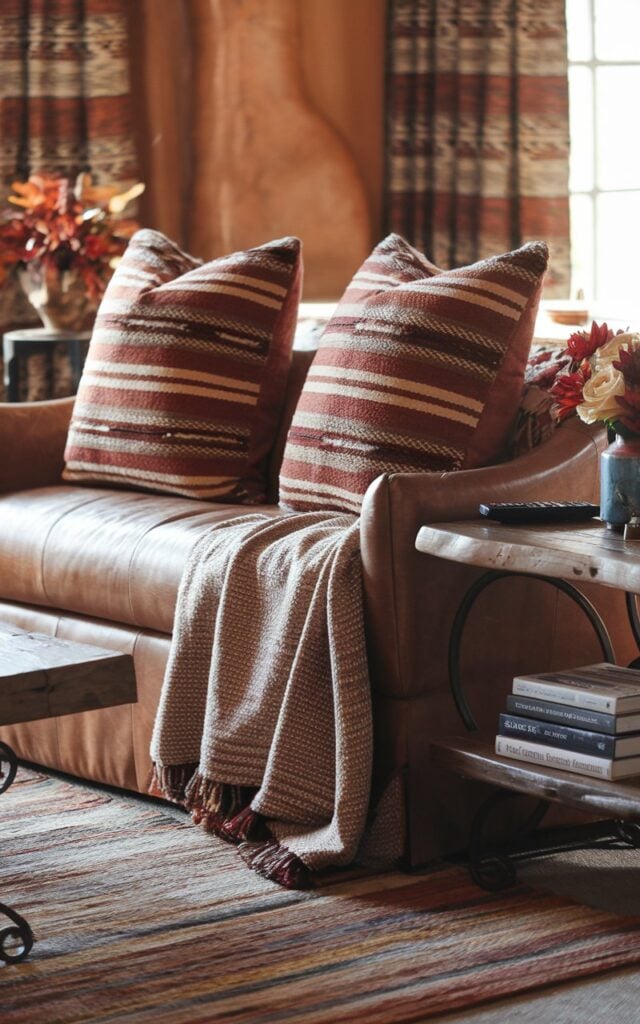 A photo of a cozy, autumn-inspired living room with a Southwestern style. There's a sofa with two warm, earthy-toned patterned and textured pillows. A cozy throw blanket is draped over the sofa. A side table nearby holds a remote, a small flower vase, and a stack of books. The room has warm terracotta, beige, and rust tones, textured rugs, and rustic wooden furniture. The soft natural light highlights the rich colors and textures, creating a cozy, inviting, and detailed atmosphere.