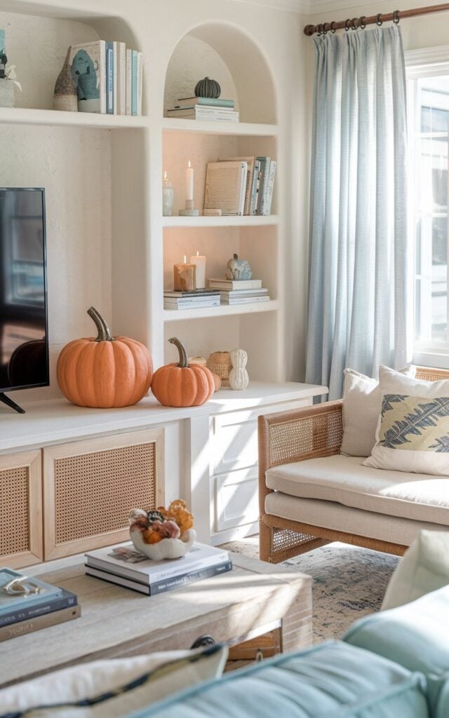 A photo of a living room in a coastal chic style. There are two mini pumpkin figurines of different sizes, placed on a shelf near a TV unit. The pumpkins are arranged alongside books, candles, and small decorative accents. The room has light, airy tones, with soft whites, sandy beiges, and muted blues. The furniture and decor have natural textures like rattan, linen, and driftwood. Gentle sunlight filters in through a window, casting a warm glow on the room. The overall atmosphere is relaxed and beachy, with a hint of autumn.