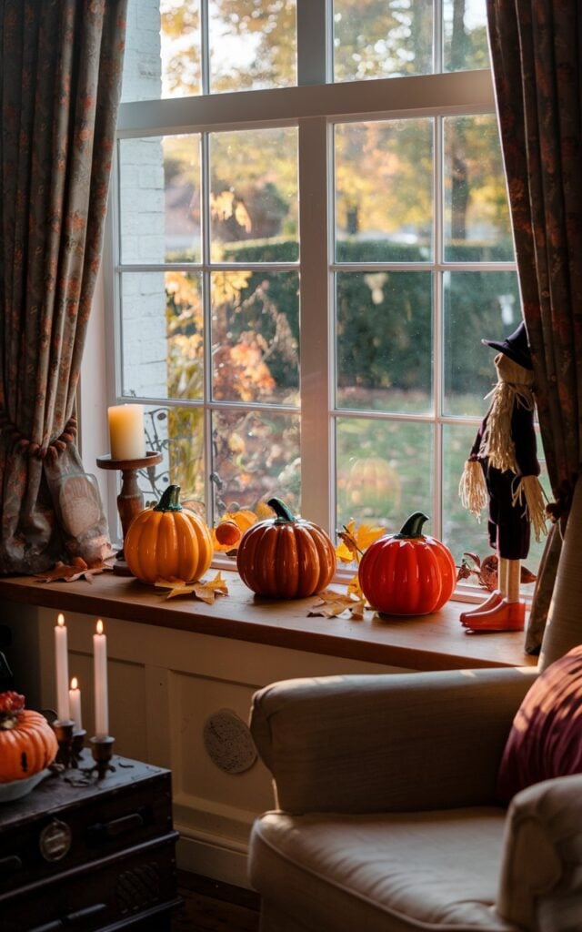 A photo of a living room window sill with three ceramic pumpkin gourds in different shapes and warm autumn colors. There's also a candle, a scarecrow doll, and a few leaves on the window sill. The window overlooks a charming English countryside garden with fall foliage and soft golden light filtering through. The living room has curtains, wooden accents, and a comfortable armchair nearby. The scene feels warm, nostalgic, and homely.