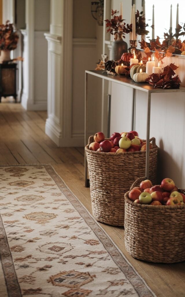 A photo of a cozy, nostalgic, and inviting autumnal atmosphere in an English countryside style hallway. There are two woven baskets filled with red and green apples placed below a sleek console table. The console is styled with subtle fall accents like small pumpkins, candles, and dried foliage. A runner rug with a fall-themed pattern stretches along the hallway floor. The background reveals classic architectural details and wooden flooring. The lighting is soft and natural.
