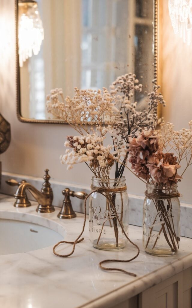 A photo of a bathroom counter with a glam + vintage aesthetic. There are 1-2 mason jars filled with dried flowers and delicate branches. A tie jute rope is wrapped around the neck of the jars. The counter has a marble or quartz surface, gold or brass fixtures, a decorative mirror with ornate edges, and soft warm lighting. The mix of rustic jute and elegant finishes creates a cozy, sophisticated fall vignette with detailed textures and a nostalgic, inviting mood.