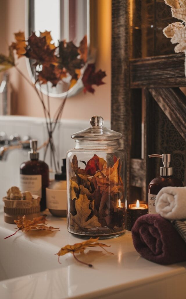 A photo of a vignette shot of a glass jar filled with dried autumn leaves placed on a bathroom counter in a glam + rustic style bathroom. Surrounding the jar are minimal decor items and bathroom essentials like soap dispensers, rolled towels, and a small candle. Warm, soft lighting highlights the textures of the leaves and rustic wooden accents. The scene is cozy, elegant, and detailed, evoking a stylish autumnal atmosphere with a blend of glamour and rustic charm.