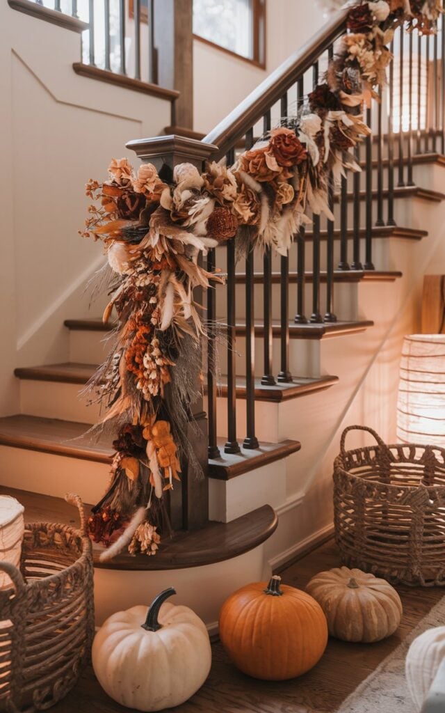 A photo of a modern rustic style living room with a garland of dried flowers wrapped around a staircase railing. The garland has muted autumn tones—faded orange, cream, and soft brown—and is woven with twine or jute. The staircase has wooden steps and black metal railings. There are pumpkins and woven baskets on the floor. Warm light from nearby lamps casts a soft glow. The atmosphere feels inviting, earthy, and beautifully detailed with a touch of autumn nostalgia.