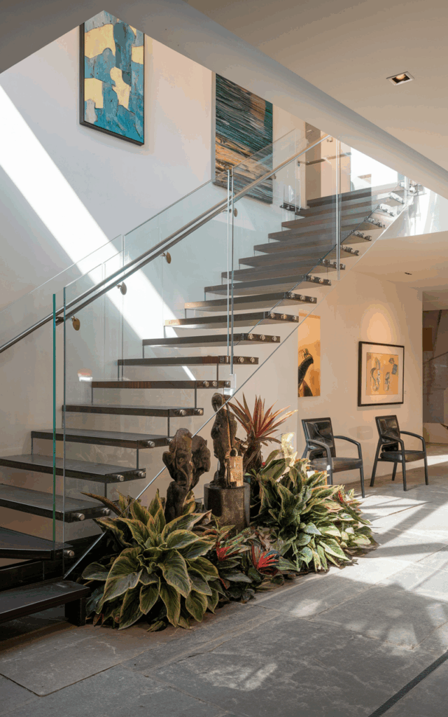 Add Art Beneath Your Glass Staircase for a Gallery Feel