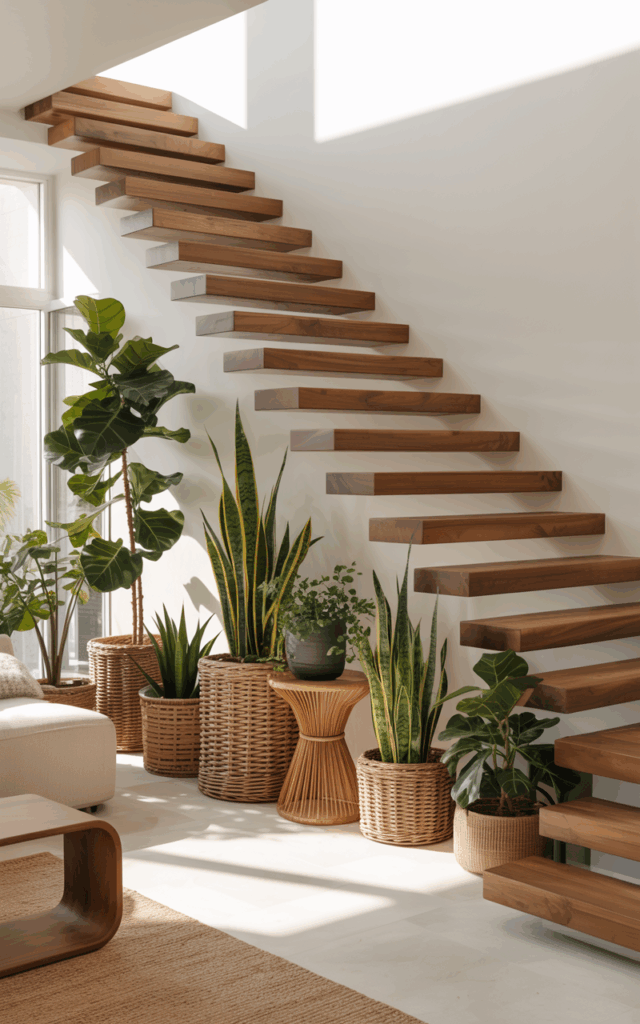 Add Under-Stair Indoor Plants for a Soft Organic Feel