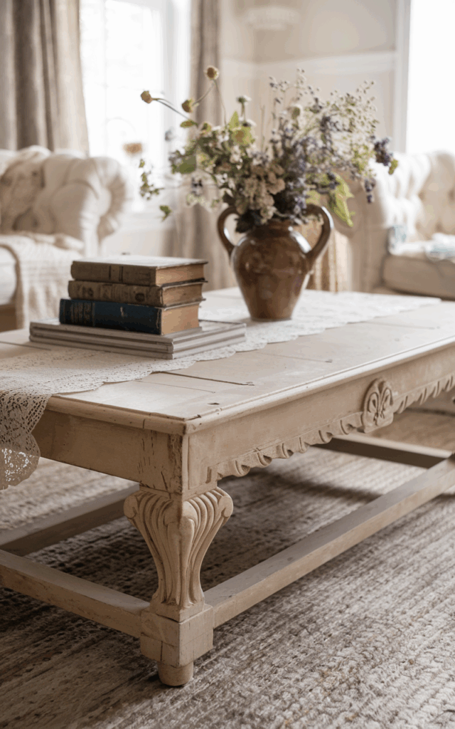 Add a Distressed Coffee Table with Carved Details