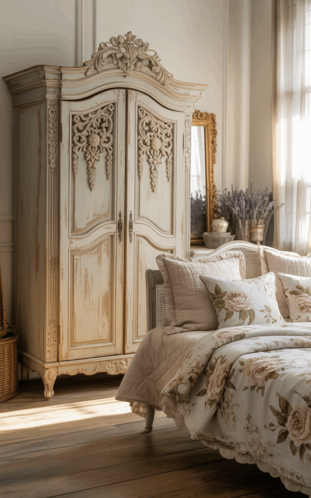 Add a distressed armoire for old-world storage