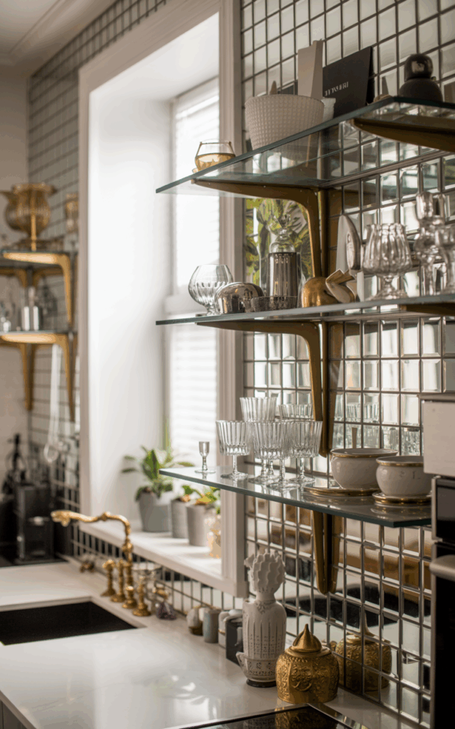Add a mirrored backsplash behind open shelves