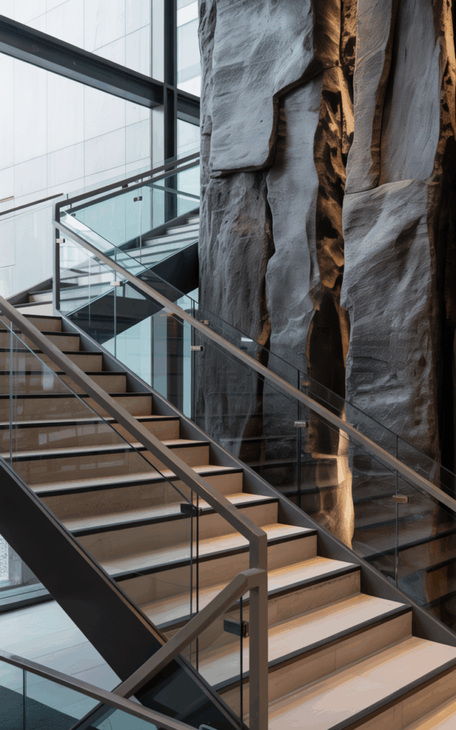 Anchor Your Glass Staircase with a Bold Feature Wall
