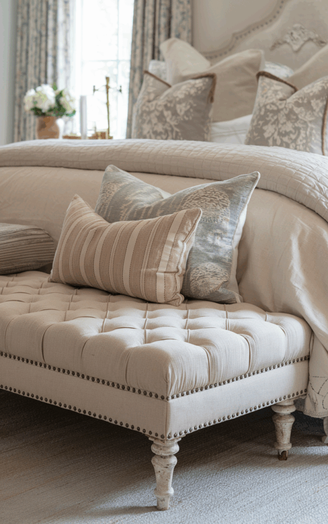 Bring in a soft upholstered bench at the foot of the bed