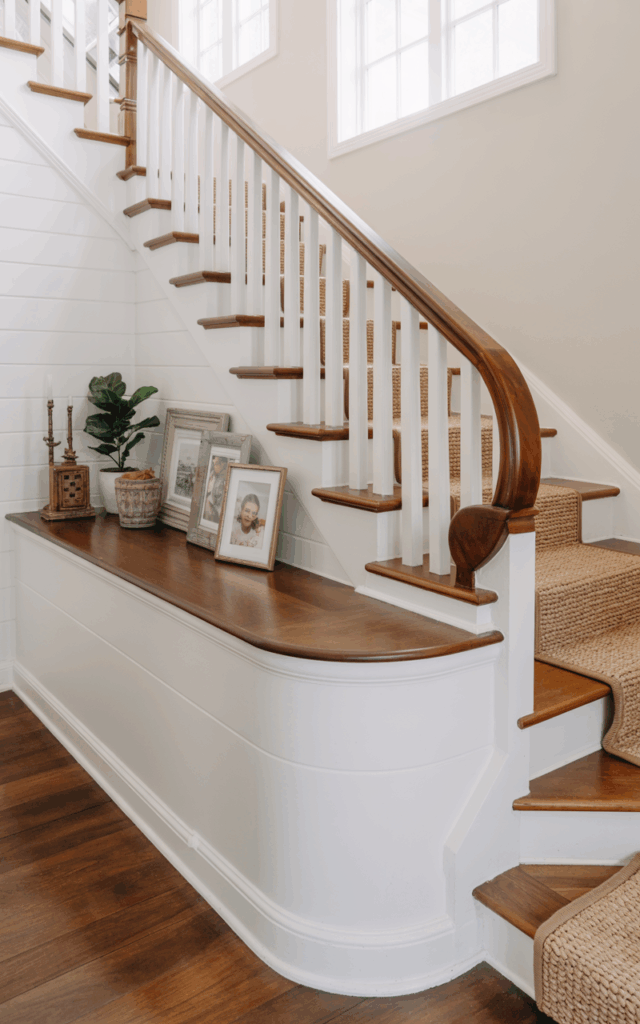 Build a half-wall base with a wooden railing topper