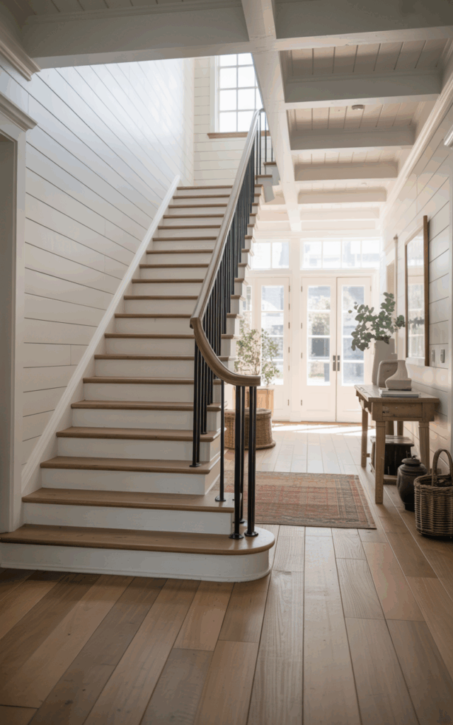 Contrast matte black railings with white walls.