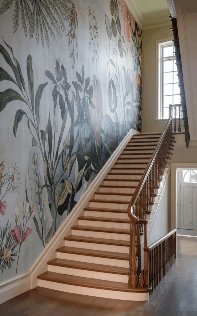 Create a statement wall mural along the staircase.