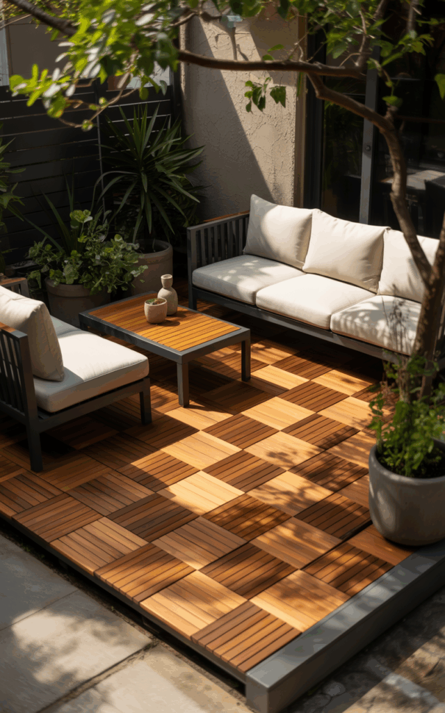 Define zones with subtle floor tiles or decking