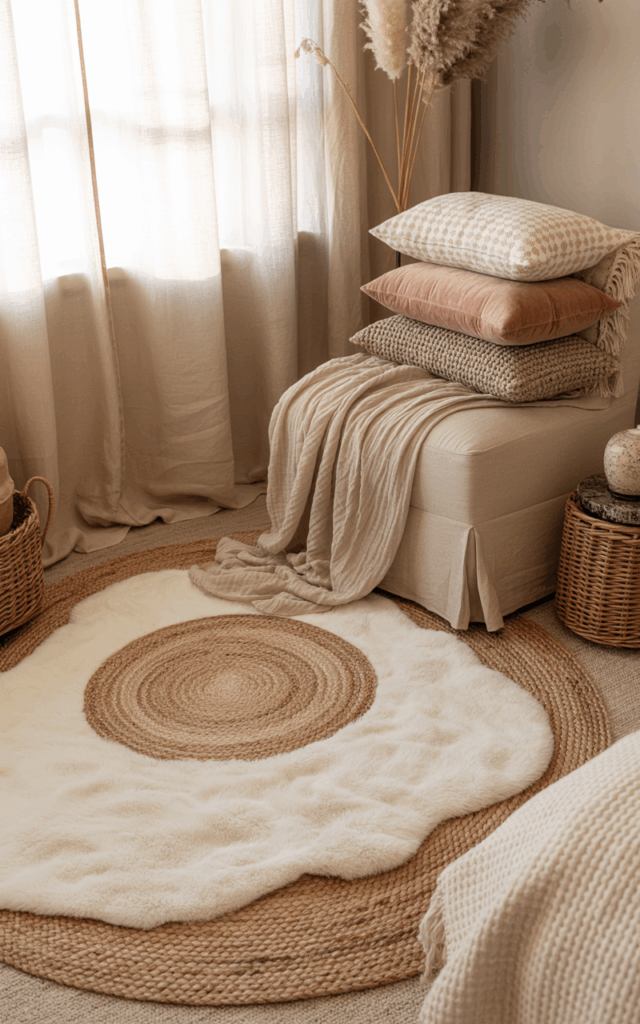 Design a cozy bedroom corner with layered textiles