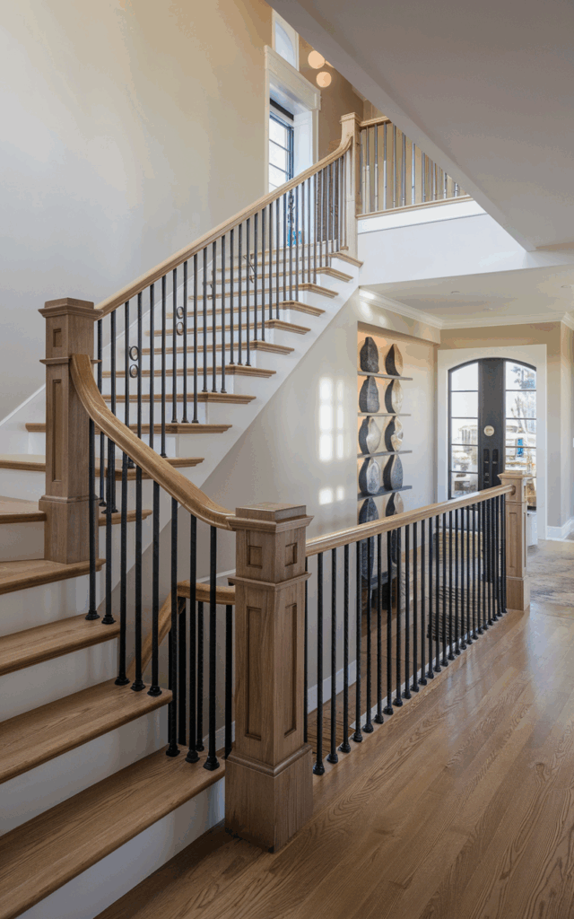 Extend the wooden railing onto the landing wall