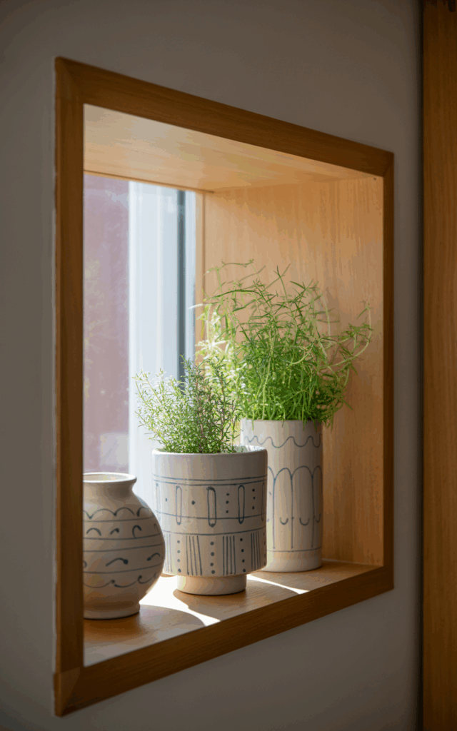 Frame a window with built-in narrow shelves