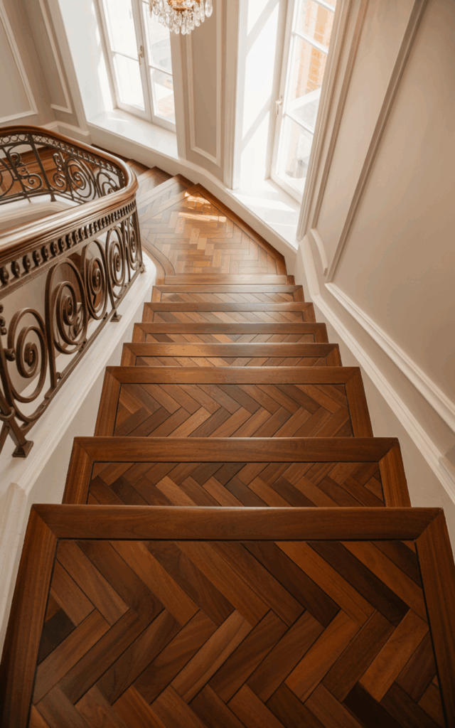 Install Herringbone Wood Patterns on Stair Treads
