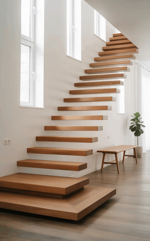 Install Natural Wood Treads Against a White Wall