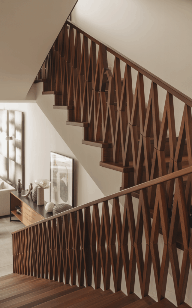 Install geometric wooden patterns for a bold statement