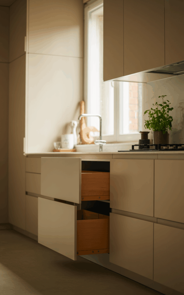 Install toe-kick drawers for hidden storage