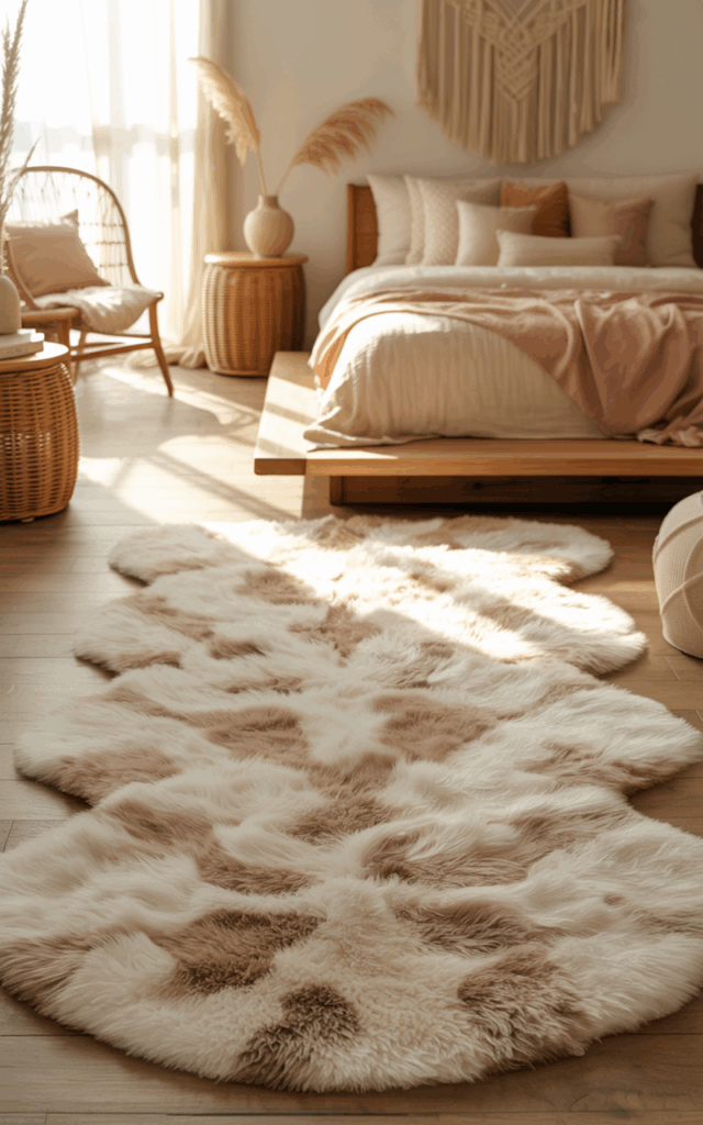 Introduce a plush area rug under the bed
