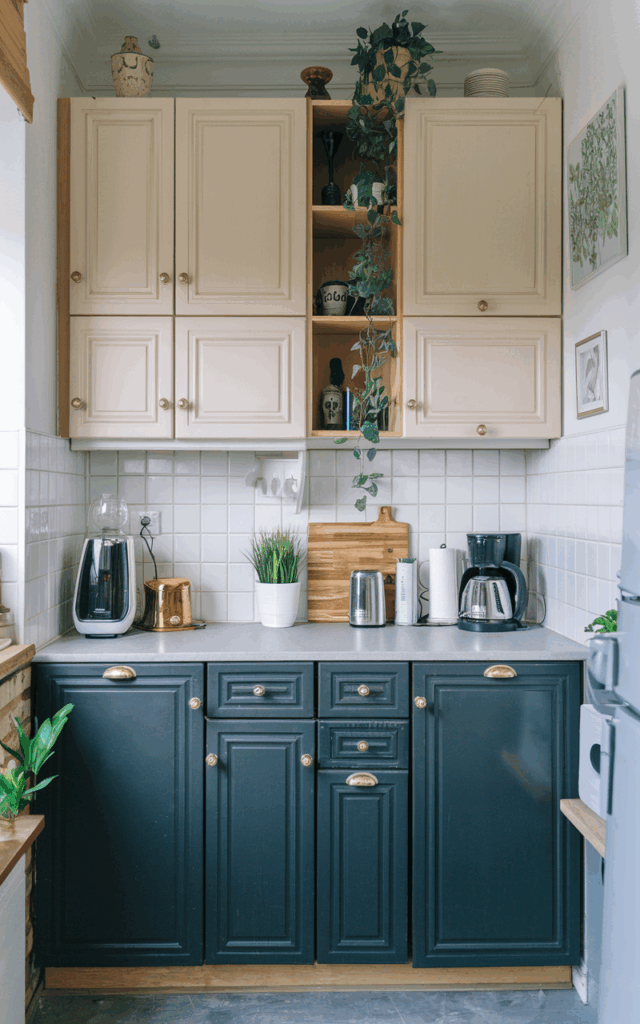 Introduce two-tone cabinetry for depth