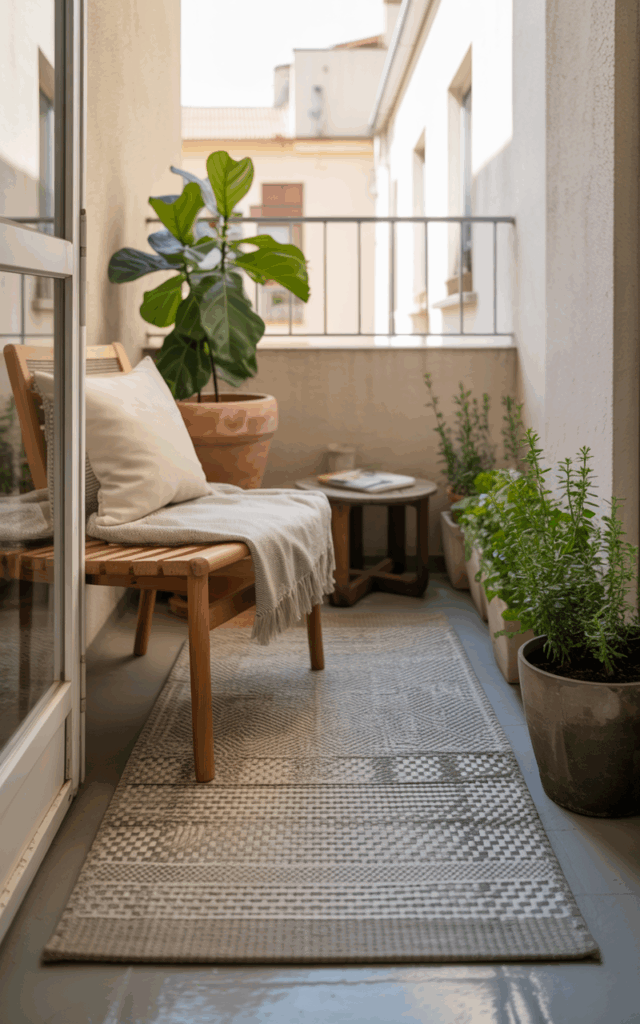 Lay an outdoor rug to anchor the space