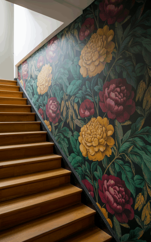Layer dramatic wallpaper along the stair wall.
