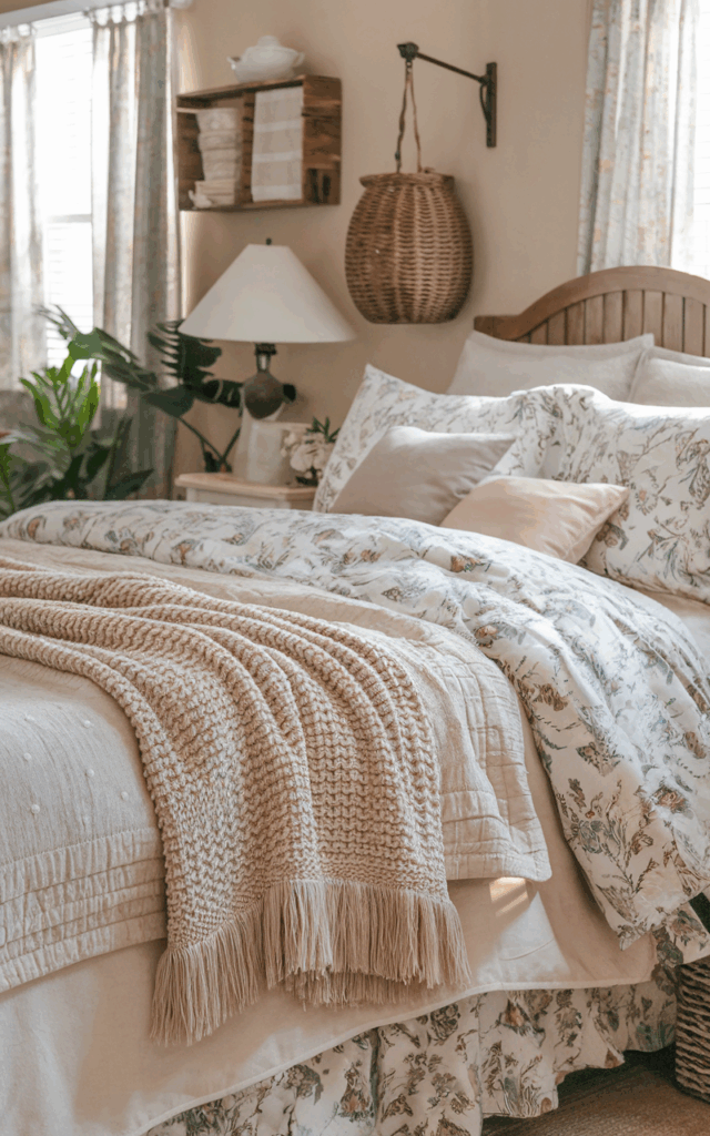 Layer textured throws at the edge of the bed