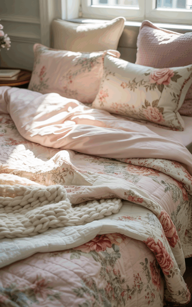 Layer vintage-inspired floral bedding