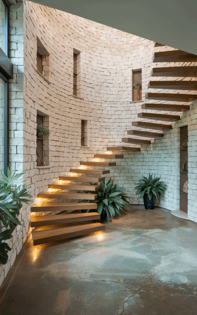 Mix Stone Wall Backdrops With Wood Treads