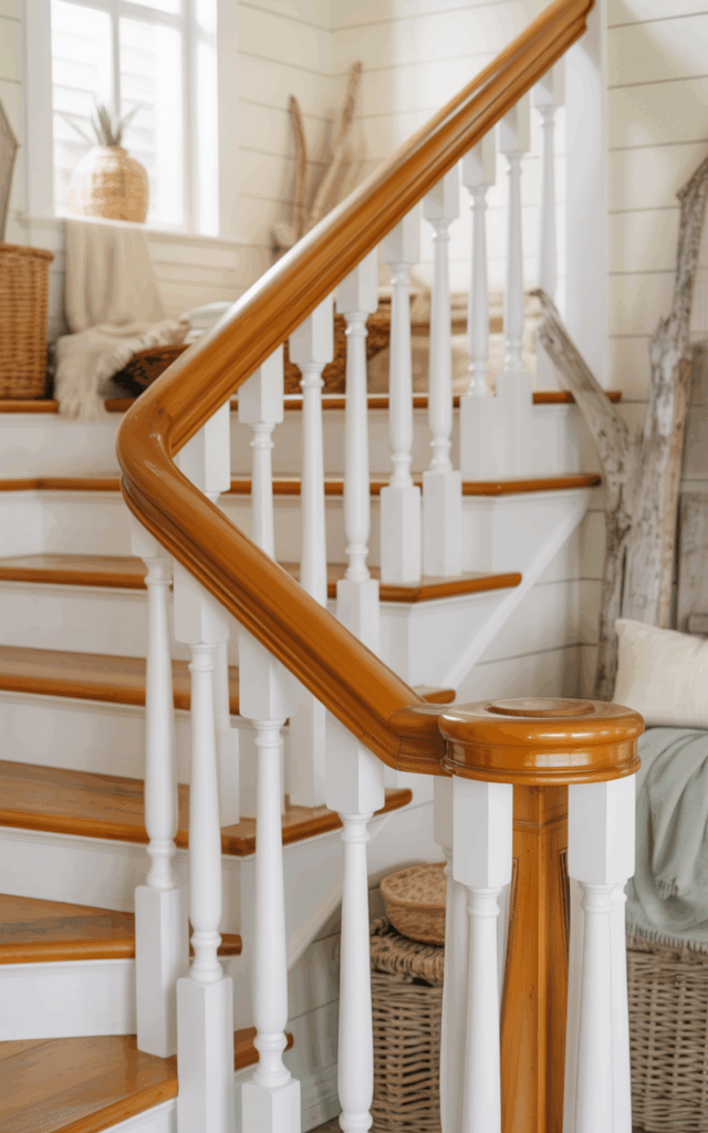 Opt for white wooden spindles with a stained handrail