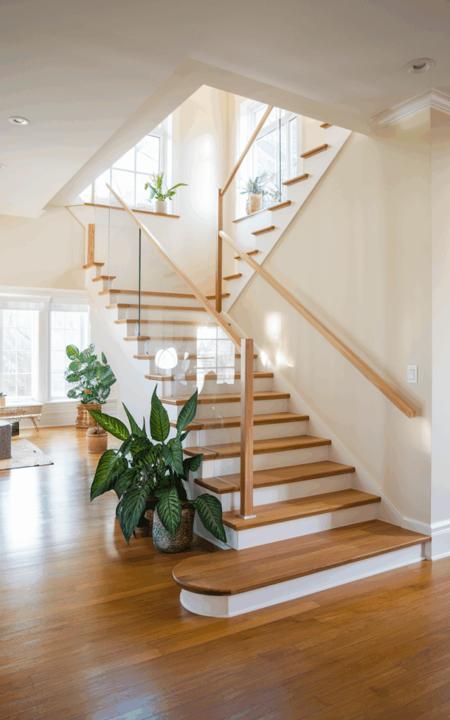 Pair Glass Panels with Warm Wooden Treads