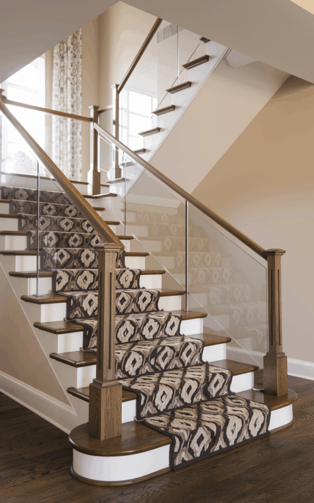 Pair Glass Railings with Patterned Stair Runners