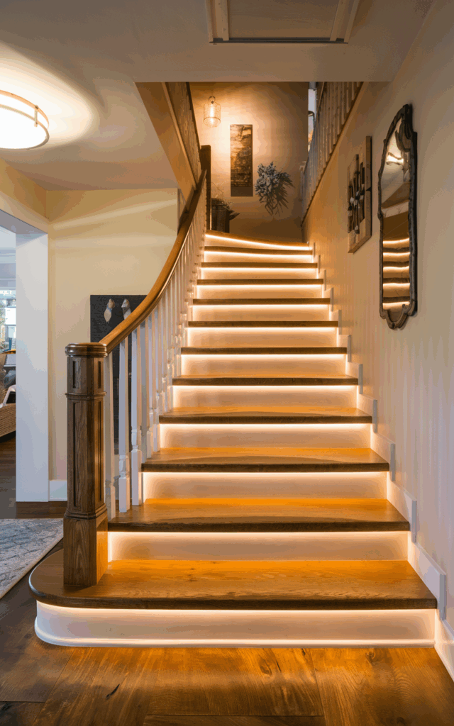 Pair wooden railings with under-step lighting