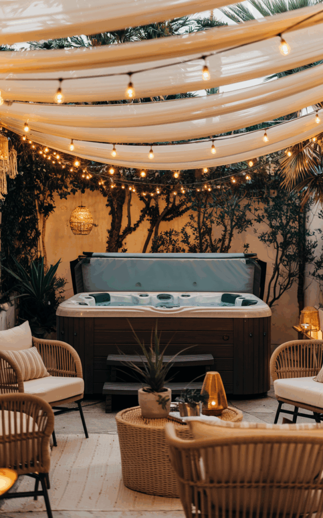 Place your outdoor jacuzzi under string lights