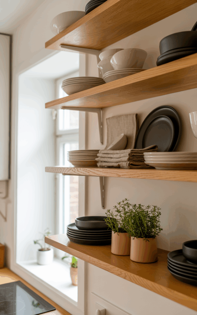 Swap bulky upper cabinets for open shelving