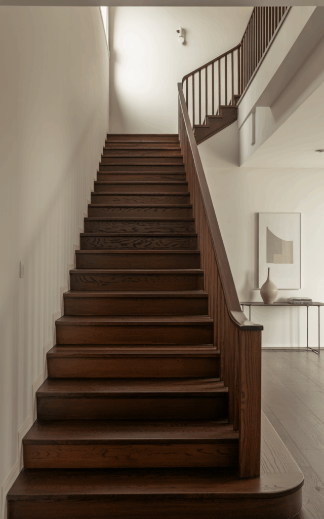 Use dark stained wood for moody drama.