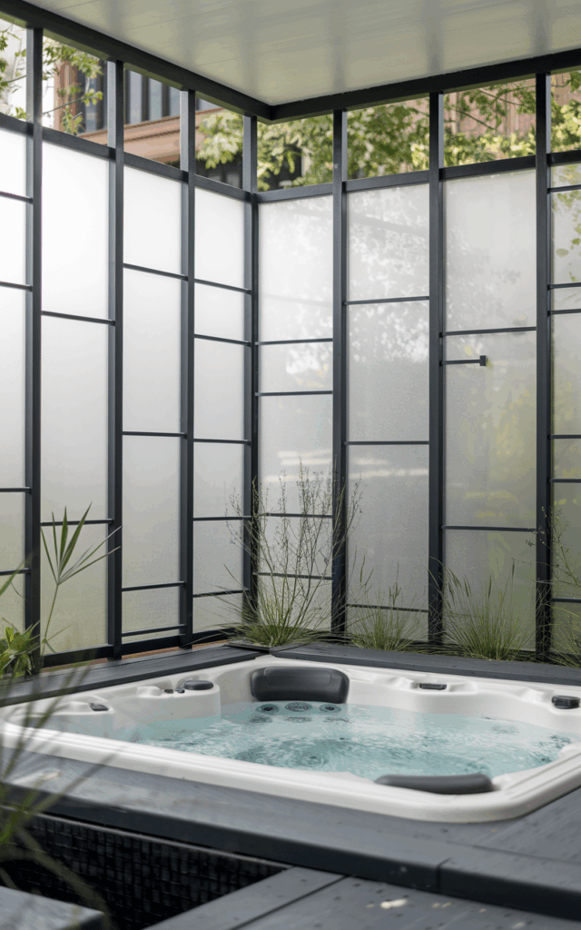 Use frosted glass panels for a sleek outdoor jacuzzi enclosure