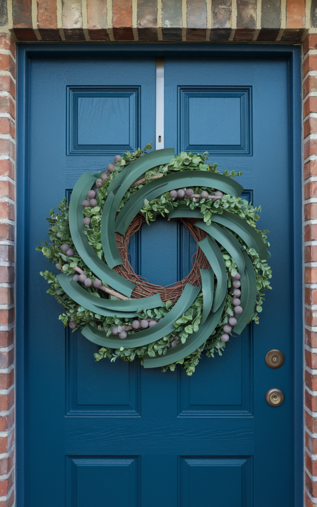 An elegant and natural-looking realistic photograph of a front door displaying a bold layered wreath design with multiple overlapping rings combining greenery and grapevine elements decorated in modern statement style with natural lighting
