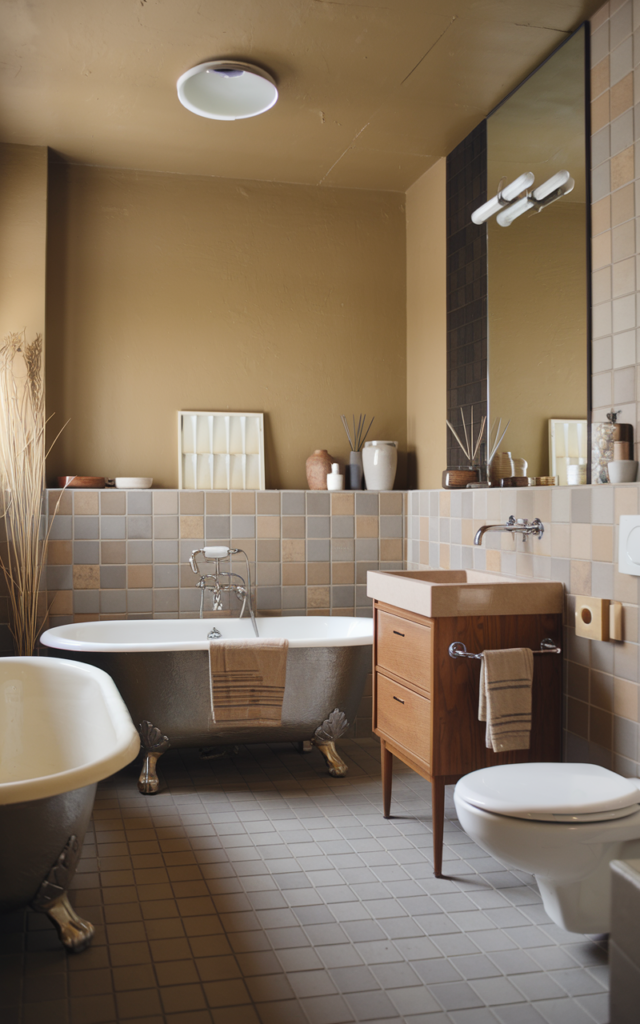 An elegant and natural-looking realistic photograph of a bathroom designed with a cohesive color palette of warm neutrals, wood tones, and muted accents across tiles, decor, and textiles decorated in mid century modern style with natural lighting
