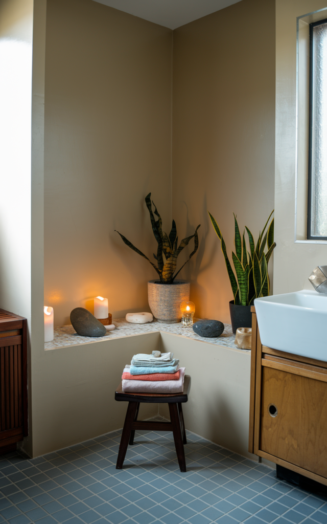 An elegant and natural-looking realistic photograph of a bathroom corner styled with a small stool, folded towels, candle, and calming elements creating a spa-like seating area decorated in mid-century modern style with natural lighting