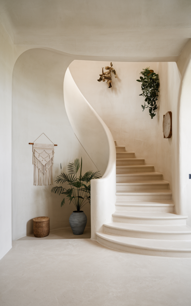 An elegant and natural-looking realistic photograph of a minimalist curved staircase foyer with clean lines, neutral walls, and uncluttered decor allowing the architectural curve to stand as the focal point decorated in serene Scandinavian style with natural lighting