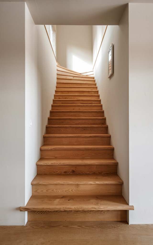 An elegant and natural-looking realistic photograph of a minimalist oak staircase with beautifully refinished natural grain, neutral walls, and very simple decor allowing the wood to be the focal point decorated in minimalist Scandinavian style with natural lighting